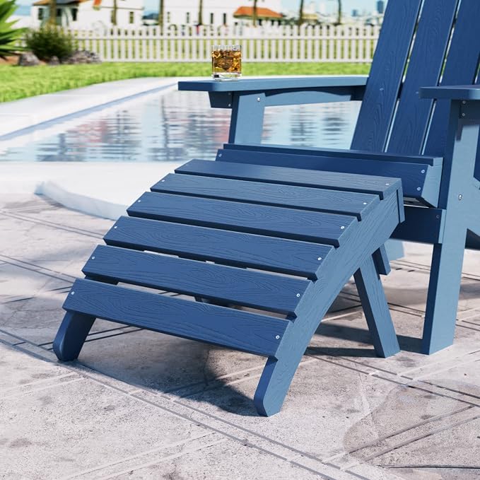 MXIMU Folding Adirondack Ottoman Set of 4: HIPS Plastic Outdoor Footrest Easy Assembly - All Weather Foot Stool Foot Rest for Adirondack Chair Use in Patio Garden Backyard Pool (Navy)