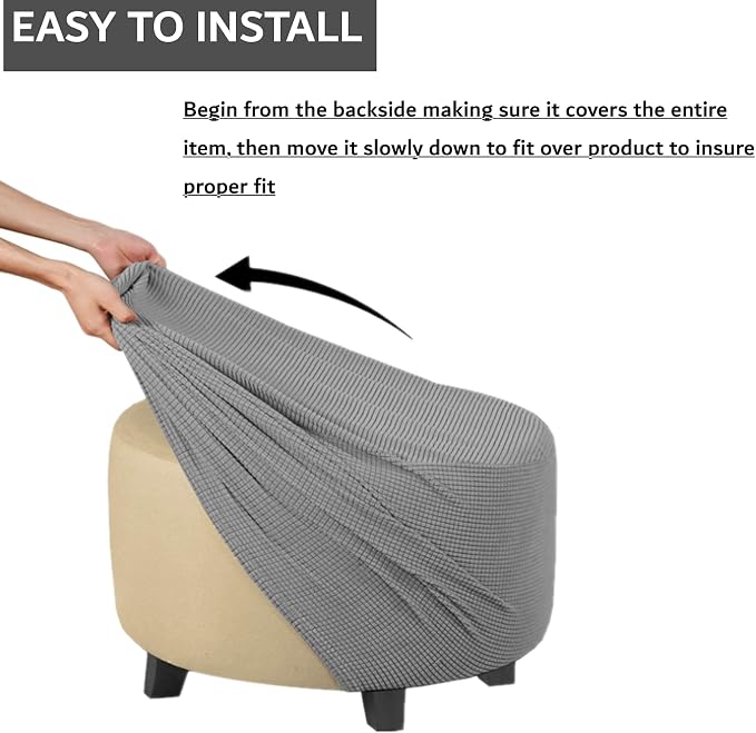Stretch Ottoman Slipcover – Round Furniture Protector Fits 30"-41" Dia, for Footrests, Storage Ottomans & Folding Stools – Elastic Fabric Cover (Light Grey, X-Large)