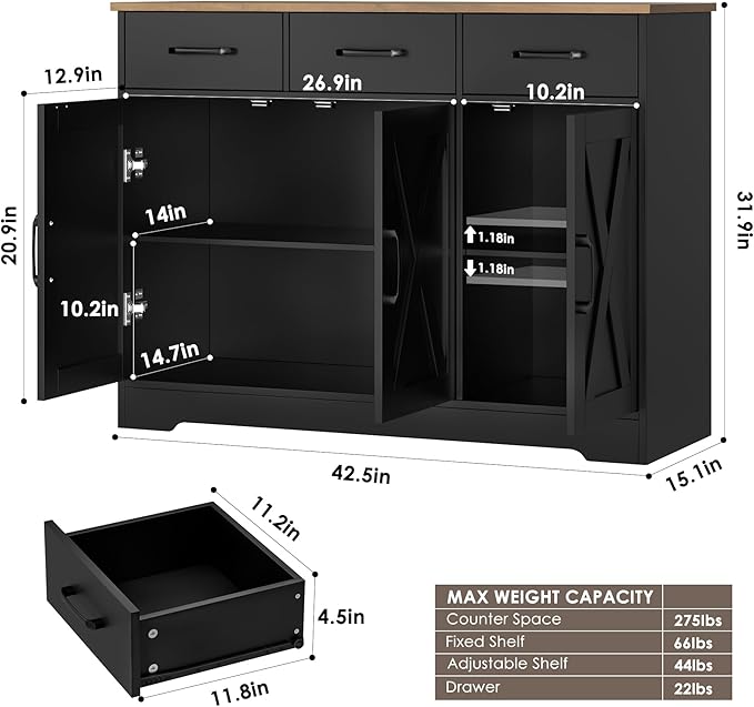 HOSTACK Modern Farmhouse Buffet Sideboard Cabinet, Barn Doors Storage Cabinet with Drawers and Shelves, Wood Coffee Bar with Storage for Dining Room, Kitchen, Living Room, Black/Rustic Brown