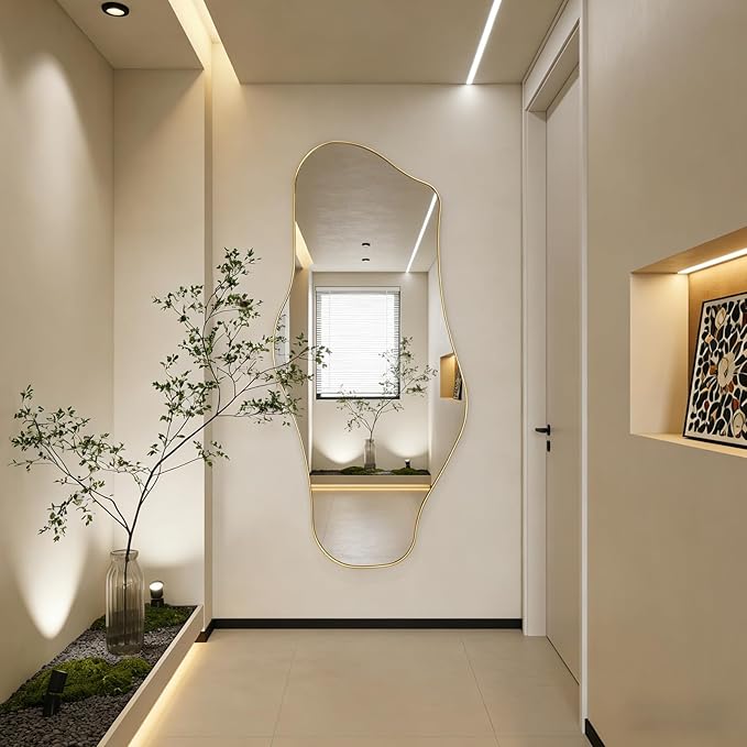 Large Irregular Mirror, 63"x29" Asymmetrical Full Length Mirror with Gold Metal Frame, Unique Shaped Abstract Wall Mirrors for Living Room Dressing Bathroom Bedroom Hallway Entryway