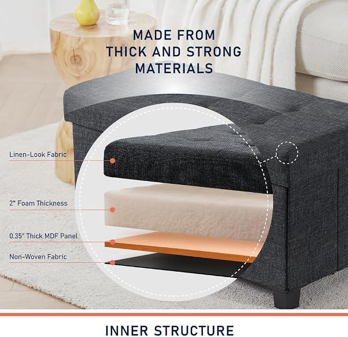 Ornavo Home 30 Inch Storage Ottoman, Large Storage Bench, Ottoman with Storage with Legs, Foot Rest Stool, Bedroom Bench - Black