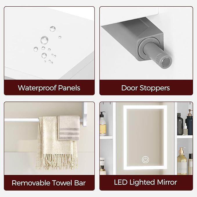 MAHANCRIS Bathroom Wall Cabinet with Mirror, Wall Mounted Medicine Cabinet with Color Adjustment LED Lights, Mirrored Over The Toilet Storage Cabinet with Adjustable Shelves, 23.6''W x 21.6''H, White