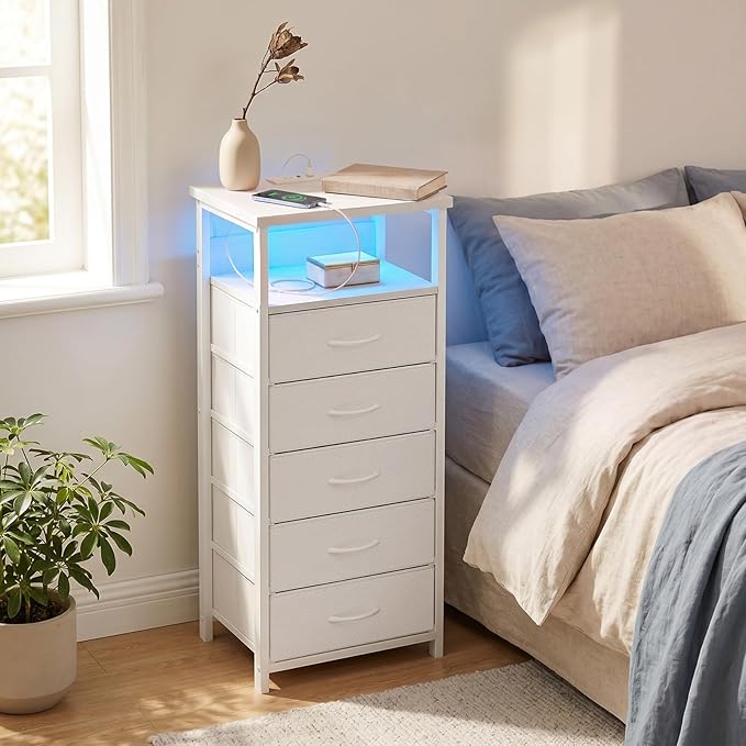 Fixwal Tall Nightstand with Charging Station and LED Lights, Night Stand with PU Finish Fabric Storage Drawers, 5 Drawer Dresser, White