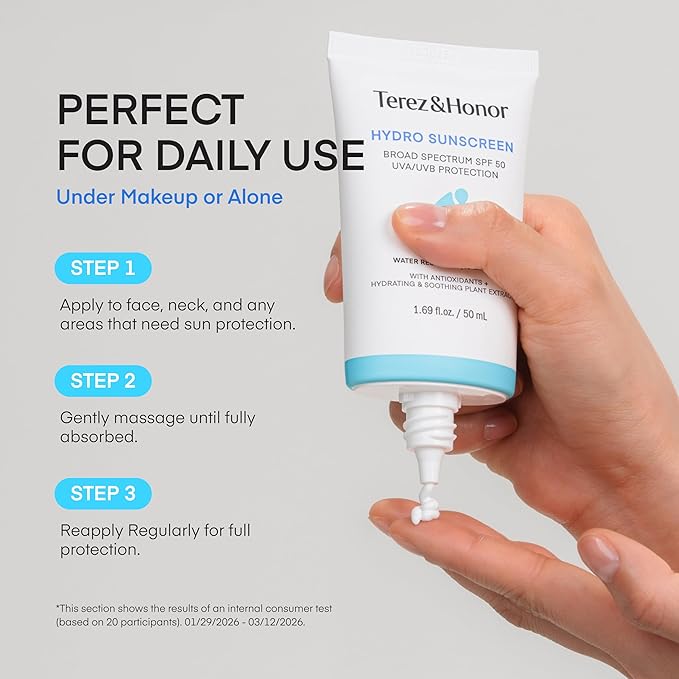 Terez & Honor Sunscreen for Face: Hydrating Face Sunscreen Broad Spectrum SPF 50 with UVA/UVB Protection - Moisturizing, Soothing, Water-Resistant, No-White Cast & Non-Greasy - Korean Sun Care 1.69oz