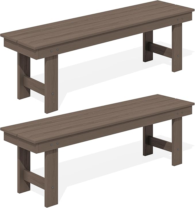 SERWALL 2-Person Outdoor Bench Backless, HDPE Outdoor Benches Weatherproof, 660 Lbs Weight Capacity, Poly Lumber Patio Furniture for Garden, Porch and Park, Coffee, 2 Pack