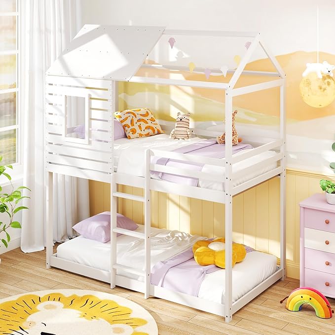 Giantex Wood Bunk Bed Twin Over Twin, House Bed Frame with Ladder and Guardrail, Floor Bunk Bed with Wood Slats for Kids, Girls, Boys, Dormitory and Bedroom, No Box Spring Needed, White