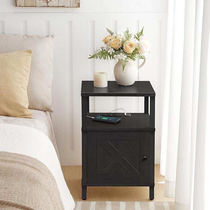 MAHANCRIS Farmhouse Nightstand with Charging Station, Black Bedside Table with USB & Type-C Ports, End Table with Storage and Open Shelf, Modern Side Table for Bedroom, ETBK96E01