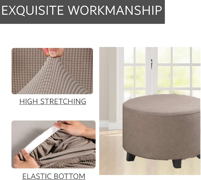 Stretch Ottoman Slipcover – Round Furniture Protector Fits 20"-23" Dia, for Footrests, Storage Ottomans & Folding Stools – Elastic Fabric Cover (Taupe, Medium)