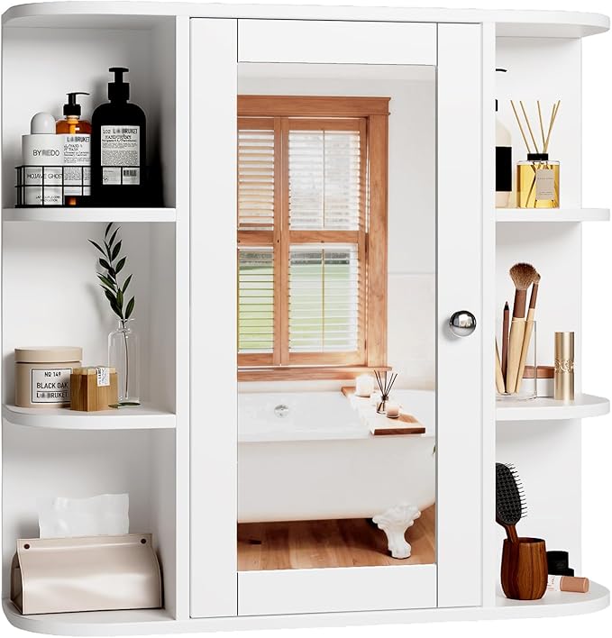 VINGLI Mirror Medicine Cabinet Wall Mounted, Bathroom Storage Organizer Over Toilet with 6 Open Curved Shelves, Adjustable Vanity Cupboard with Single Door for Entryway & Living Room, White
