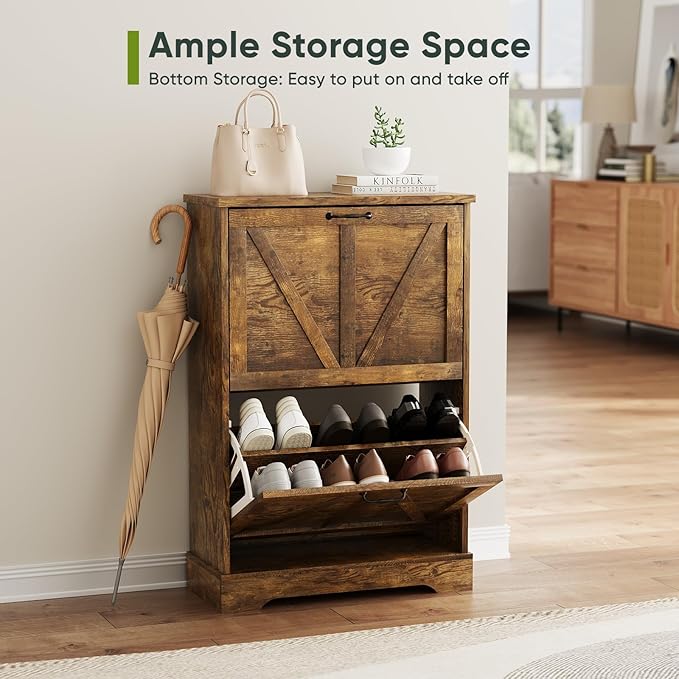 Smart FENDEE Shoe Cabinet, Shoe Storage Cabinet for Entryway with 2 Flip Drawers, Narrow Farmhouse Shoe Organizer Cabinet, Slim Shoe Rack Cabinet, 23.6in Rustic Brown