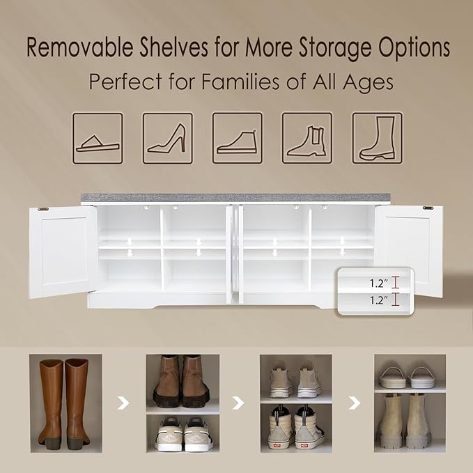 DINZI LVJ Shoe Bench, Entryway Storage Bench with Doors, Cushion, 2-Tier Shoe Rack with 8-Cubby, 47.2”L x 13.8”W Shoe Organizer Cabinet, Adjustable Shelf, Living Room, Bedroom, White