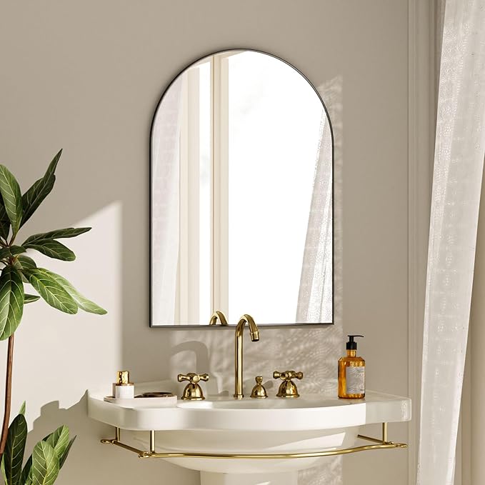 VooBang Arched Wall Mirror, 20 x 30 inch Arch Bathroom Mirror, Wall Mounted Vanity Mirror with Arch Metal Frame, Modern Bathroom Vanity Mirror for Bedroom, Living Room, Hanging or Leaning, Black