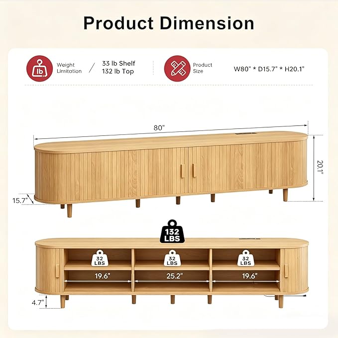 80" Mid Century Modern TV Stand, Wood TV Consoles with Sliding Doors and Power Outlet, Entertainment Center with Adjustable Shelves, Fluted TV Stands for Living Room, Oak