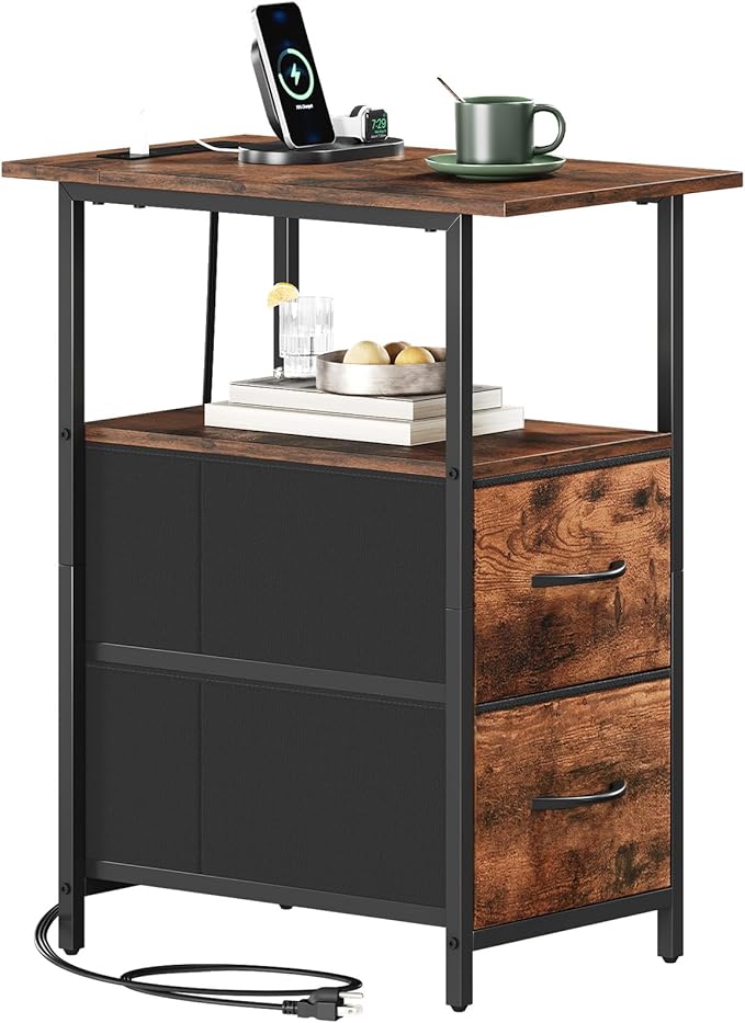 Somdot End Table with Charging Station, Narrow Side Table with 2 Fabric Drawers, Skinny Nightstand with Storage, Small Slim Bedside Table for Living Room, Sofa, Bedroom, Couch, Wood Grain Print