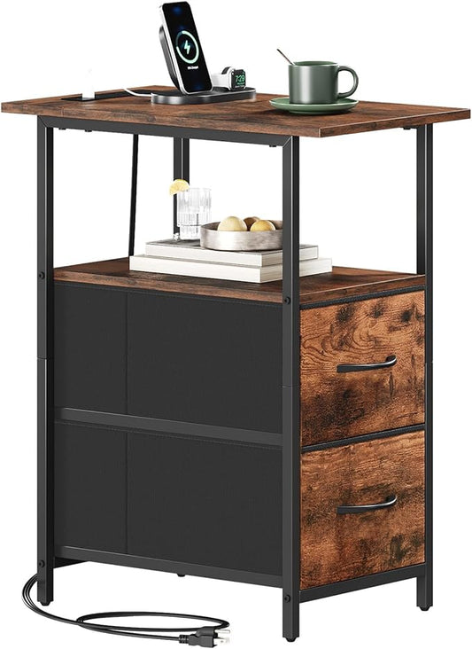 Somdot End Table with Charging Station, Narrow Side Table with 2 Fabric Drawers, Skinny Nightstand with Storage, Small Slim Bedside Table for Living Room, Sofa, Bedroom, Couch, Wood Grain Print