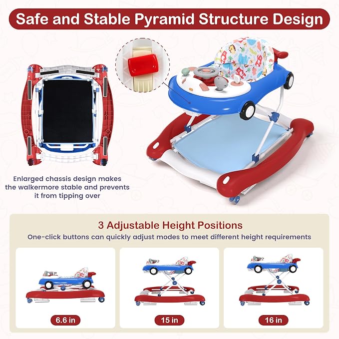 Baby Walker, 5-in-1 Baby Walker for Boys and Girls with Bouncer, Removable Footrest, Music, Foldable & Adjustable Speed Wheels Activity Walker for 6-18 Months Toddler Infant(Red Blue)