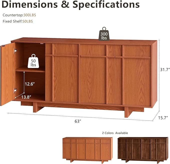 Sideboard Buffet Cabinet with Storage, Mid Century Modern Accent Cabinet with Skeleton Line & Wood Grain Texture, 63" Minimalist Credenza for Living Room Kitchen Dining Room Entryway, Walnut