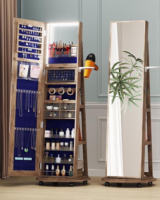 Full Length Mirror With Jewelry Storage, 360 Swivel Jewelry Armoire Organizer With Lights, Lockable Cabinet Standing, Christmas Gifts, Walnut