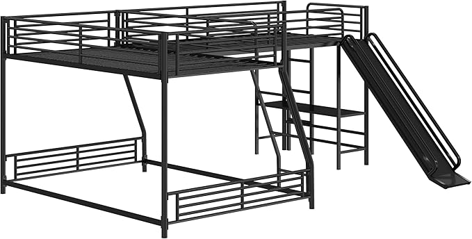 Bellemave Triple Bunk Beds, L-Shape Twin Over Full Bunk Bed Attached a Loft Bed with Desk, Triple Bunk Beds with Slide, Metal Corner Bunk Bed Frame for Three Kids Boys Girls Teens, Black
