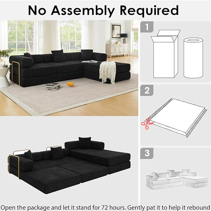 HANXIN 108" Modular Sectional Sofa,Futon Convertible Sofa Bed,Oversized Corduroy Boneless Couch for Living Room,Floor Loveseat Sleeper with Pull Out Bed,Free Combination,No Assembly Required (Black)
