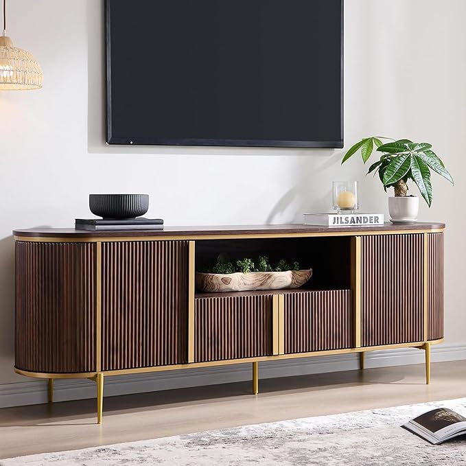 OKD 70" Fluted TV Stand with Storage, Faux Marble Top Entertainment Center for TVs Up to 80", Modern Curved Edge Media Console Cabinet for Living Room, Dark Walnut