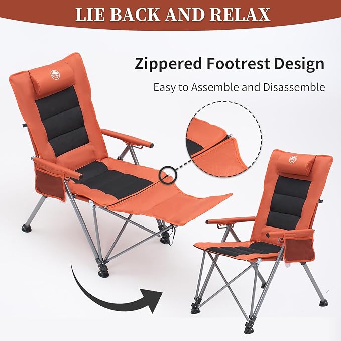 Folding Reclining Camping Chair with Footrest, 5-Position Adjustable Lounge Chair with Headrest & Cushion, Portable Heavy Duty Camping Chair for Outdoor, Beach, Patio, Office (Orange)