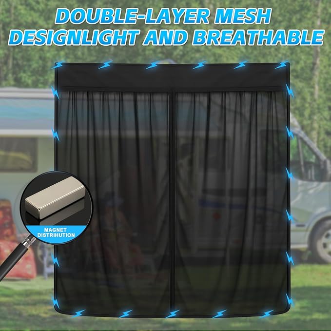 Magnetic Van Screen for Ford Econoline/Ford E-Series E-150 E-250 E-350 E450 1992-2005 - Mosquito Net with Zipper for Sliding Door - 60" H x 57" W
