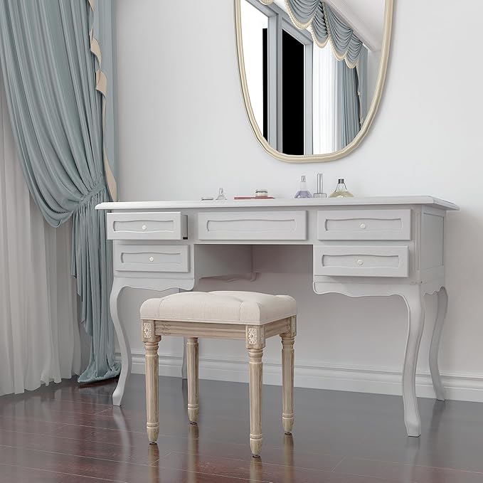 Yusong Vanity Stool Upholstered Bench Seat for Makeup Room, Vintage Small Bedroom Bench Dining Bench with Tufted Fabric for Living Room, Piano Stool with Rustic Wood, Easy Assemble,Beige