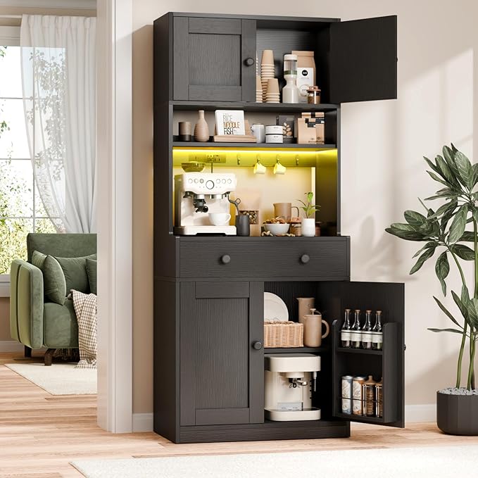 Korfile 71" Tall Kitchen Pantry Storage Cabinet with Power Outlet & LED Light, Freestanding Food Pantry Cabinet with 4 Doors and Shelves, Cupboard with Drawer, Hutch with Microwave Stand (Black)