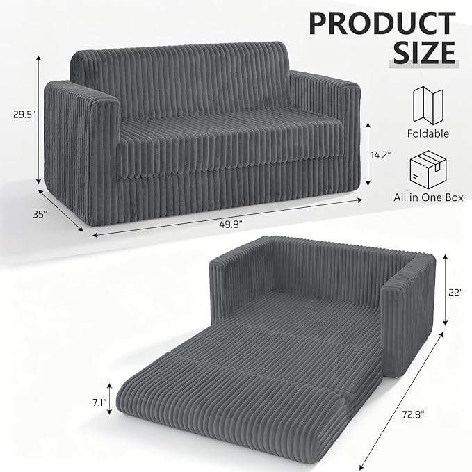 HABUTWAY 49.8" Loveseat Boneless Couch, 4-in-1 Convertible Sofa Bed, Plush Fur Folding Futon Sofa Bed Couches Without Pillow for Living Room, High-Density Foam Support, No Assembly Required, Grey