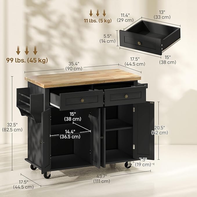 HOMCOM Kitchen Island Cart with Solid Wood Top, 44" Mobile Kitchen Island Table on Wheels with Storage Cabinets, 2 Drawers, Adjustable Shelves, Spice Rack & Towel Bar for Dining Room, Black