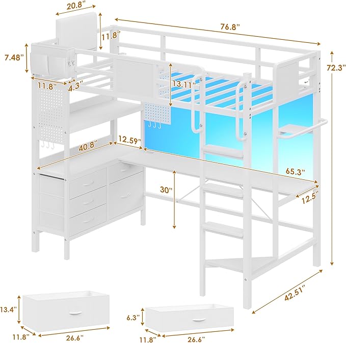 Dnxao Loft Bed Twin Size with L-Shaped Desk, Heavy-Duty Metal Twin Loft Bed with 5 Storage Drawers, LED Lights & Charging Station, Reinforced Stable Structure for Small Room Dorm Apartment, White