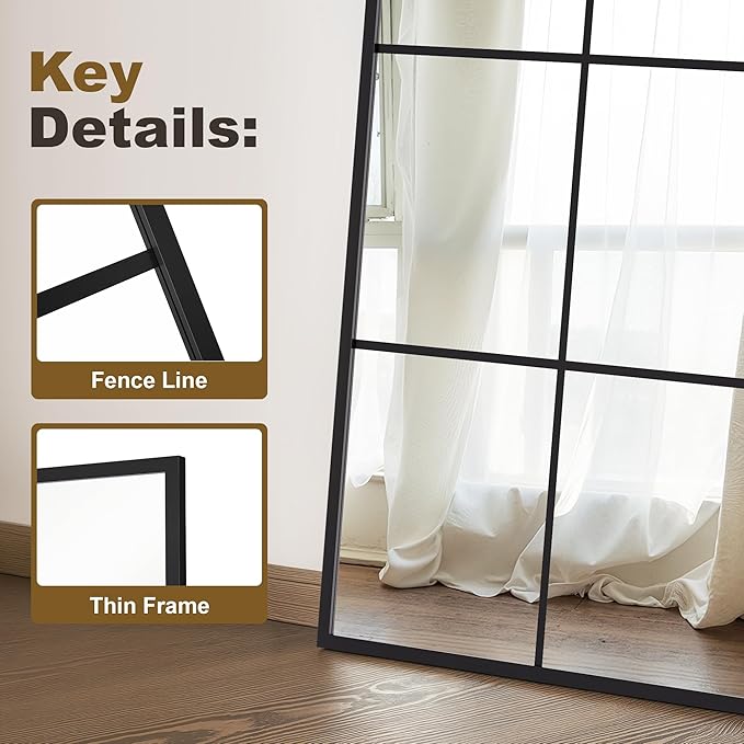Window Mirrors for Wall Decor, Large Wall Mirrors Decorative Window Pane 30 x 70, Rectangular Metal Framed Wall Mounted Mirrors for Bedroom, Living Room, Dining Room, Entryway, Bathroom
