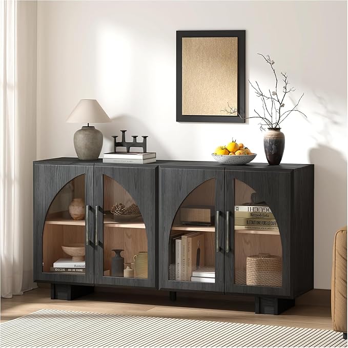 JOINICE Round Coffee Table and Sideboard Buffet Cabinet Set,31.5" Fluted Center Table with Sliding Door for Living Room,63" Arched Credenza Storage Cabinet with Glass Doors,Modern Wood Furniture,Black