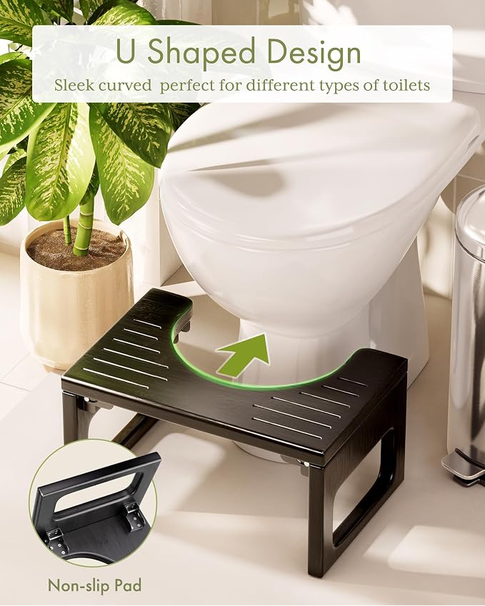 AmazerBath 8.5 Inches Bamboo Toilet Stool Squat for Adults, Collapsible Poop Stool for Bathroom, 0.79" Thickness Squatting Potty with Non-Slip Strip, No Assembly Required, Black