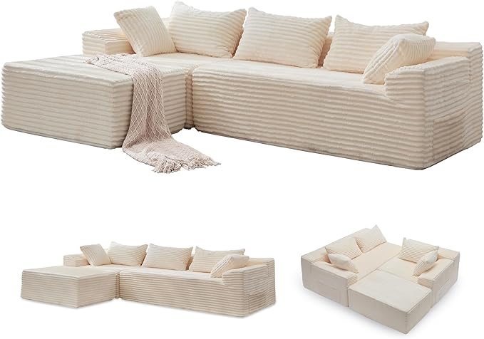 Korser 110" L-Shaped Modular Sectional Sofa with Chaise, Boneless Comfy Corduroy Fluffy Couch with Deep Seat and Side Pockets, Flexible Module Combination for Living Room, No Assembly, Side Pockets