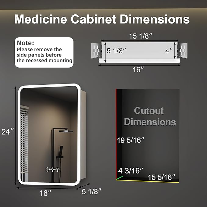 Medicine Cabinet with LED Lights and Mirror, 16 x 24 Inch Surface or Recessed Mounted Bathroom Cabinet with Door, Defogger, Memory Function, 3-Color Mode, Outlet&USB, Dimmer, Storage Shelf
