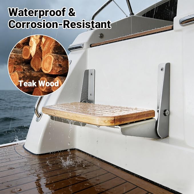 Boat Fold-Up Footrest,Wall Mounted Teak Footrest - Space Saving Folding Step for Boat, RV, Yacht, and Home Use, 12"x7.5"x6"