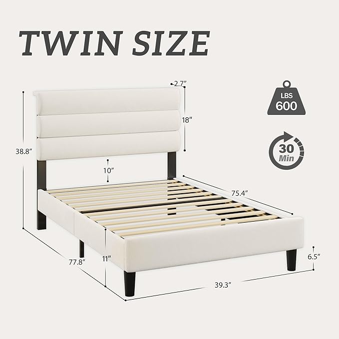 Fluest Twin Bed Frame, Platform Bed Frame with Velvet Upholstered Headboard, No Box Spring Needed, Sturdy Metal Support, Noise Free, Easy Assembly, Modern Bedroom Furniture, Beige