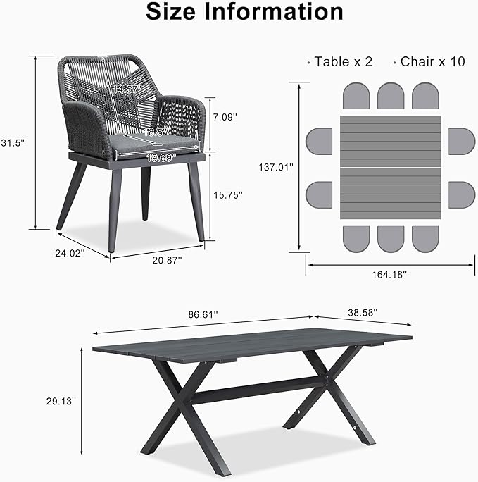PURPLE LEAF 12 Pieces Outdoor Patio Dining Sets All-Weather PE Rattan Furniture Set with All Aluminum Frame Outdoor Table and Chairs Set for 10 People Lawn Garden Backyard Deck, Grey