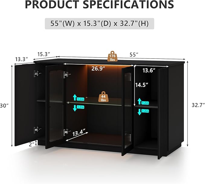 Einhomn 55" Sideboard Fluted Buffet Cabinet with Storage, Glass Doors & Led Lights, Coffee Bar Station with Adjustable Shelves, Modern Wood Cabinet for Kitchen, Living Room, Black
