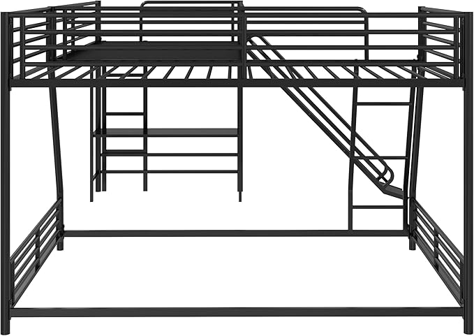 Bellemave Triple Bunk Beds, L-Shape Twin Over Full Bunk Bed Attached a Loft Bed with Desk, Triple Bunk Beds with Slide, Metal Corner Bunk Bed Frame for Three Kids Boys Girls Teens, Black