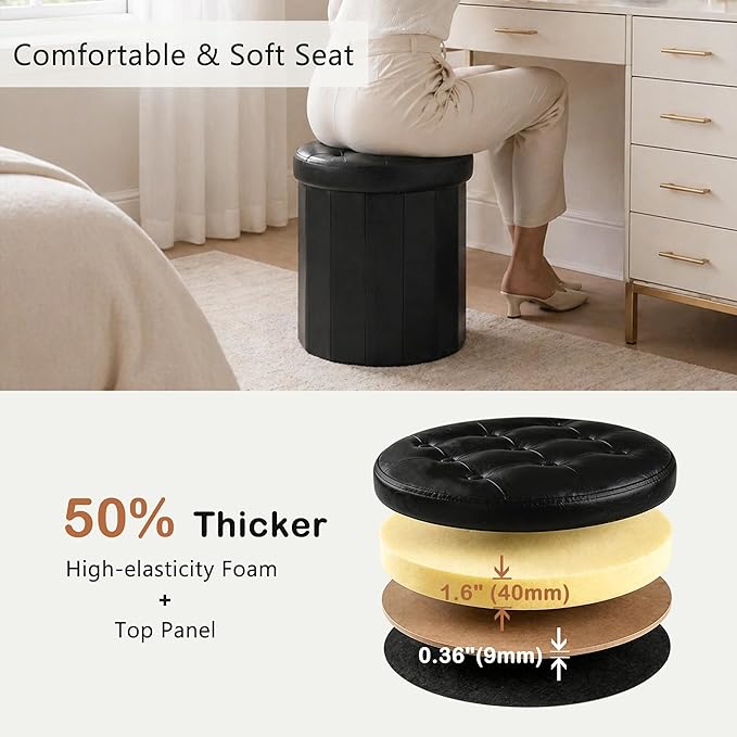 CAROLMADE Round Storage Ottoman,PU Leather Folding Footrest Stool with Thicker Foam Padded Seat,Versatile Vanity Stool for Living Room,Bedroom or Dorm,Black