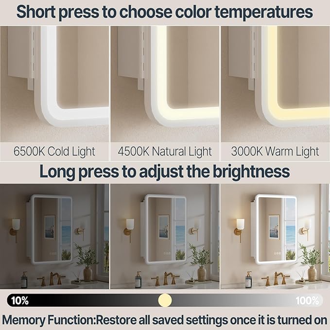 20x28 Inch Medicine Cabinet with Mirror, Recessed or Surface Mount Bathroom Medicine Cabinet with LED Lights, Anti-Fog, Memory Function, Adjustable Shelf, Dimmable Light, ETL Listed, White,Left Hinge