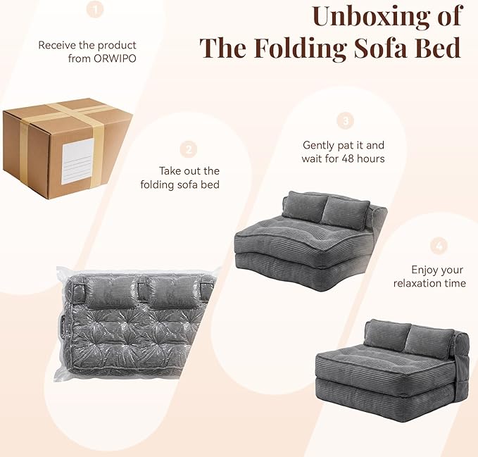Folding Sofa Bed, Convertible Sleeper Chair with Pillow Foldable Mattress with Back Support, Portable Fold Out Chair Bed Comfy Floor Couch Lounge for Living Room Bedroom Apartment Full