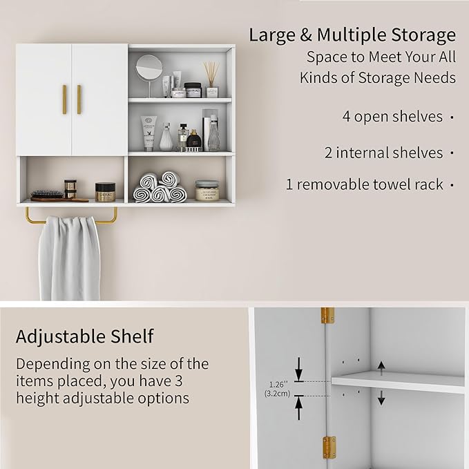 Bathroom Wall Cabinet Wood Large Wall Mounted Medicine Cabinet with 2 Doors and 4 Open Shelves Over Toilet Storage Cabinet Organizer with Towel Bar,White