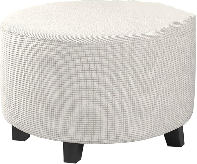 Stretch Ottoman Slipcover – Round Furniture Protector Fits 24"-29" Dia, for Footrests, Storage Ottomans & Folding Stools – Elastic Fabric Cover (White, Large)