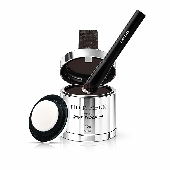 THICK FIBER Root Touch Up Powder with Brush – Covers Grey Roots, Thinning Hair & Bald Spots – Sweat & Water Resistant for Men & Women (Dark Brown, 0.35 Ounce (Pack of 1))