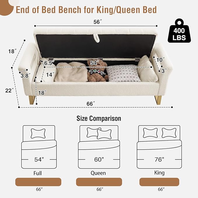 66'' King Size Storage Bench for Bedroom End of Bed, Bedroom Benches for Foot of Bed King with Gold Legs, Cream White Storage Ottoman Bench with Storage for Bedroom, Teddy