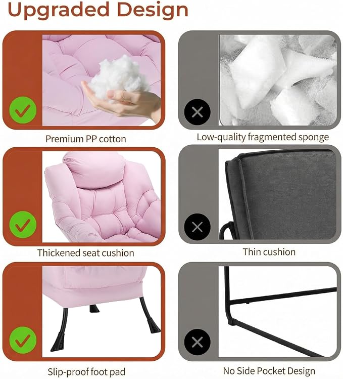 TLSUNNY Lazy Chair with Foldable Ottoman, Modern Comfy Lounge Chair, Large Sofa Armchair with Footrest and a Side Pocket, Reading Chair with Footstool for Bedroom, Living Room, Dorm (Pink)
